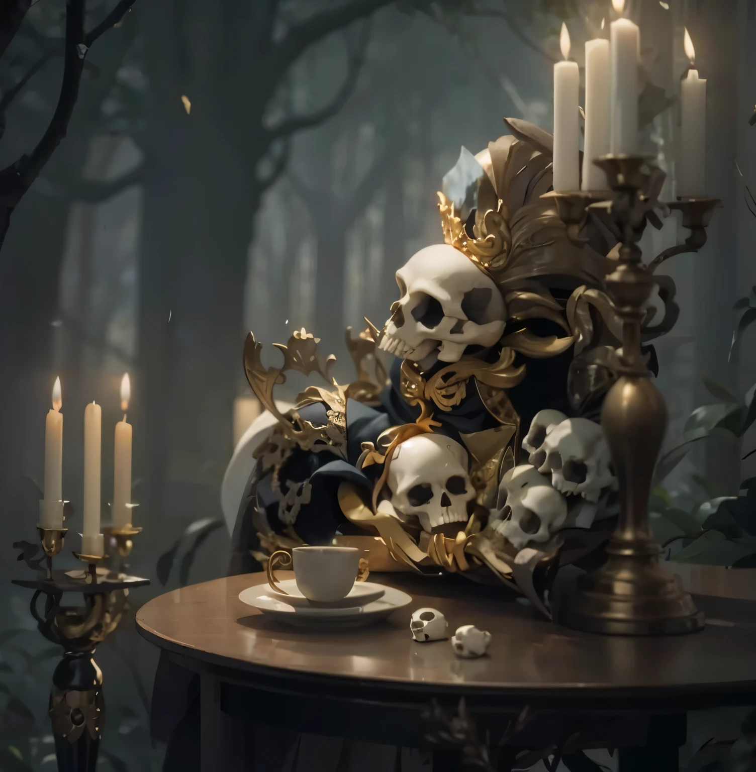 skulls, bones, black, gold, forest, mist, nght, bodegon, naturaleza muerta, calaberas, conejos, candelabros, velas, realistic, unreal look
