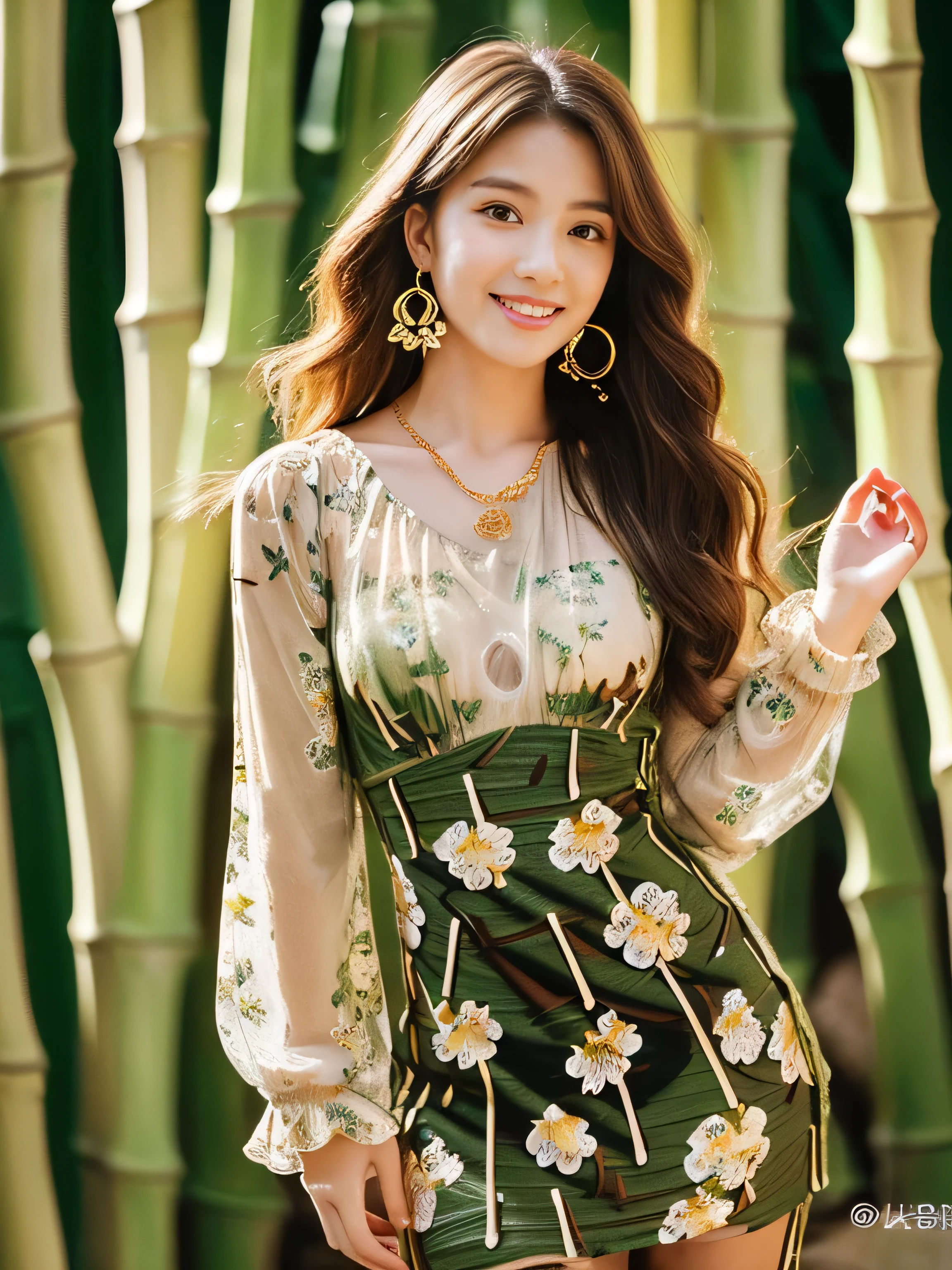 ((highest quality, 8k, masterpiece: 1.3)), 1 girl, smile, whole body, Slim face, Beautiful woman, Medium dark brown hair, White crisp shirt at upper body, The upper body is black straight suit pants, High heels, Highly detailed face, Fine grain, double eyelid, Blurred Background, Slim face, skyscraper, West Shot,((Loosely inward wavy hair:1.2)),((Gold Necklace＿Large earrings:1.2)),((Extra long brown hair:1.2))((((wearing Big floral mini dress‗long sleeve_see-through:1.3))、((full figure supermodel standing, entire body in frame)),((in bamboo forest morning:1.4)), 