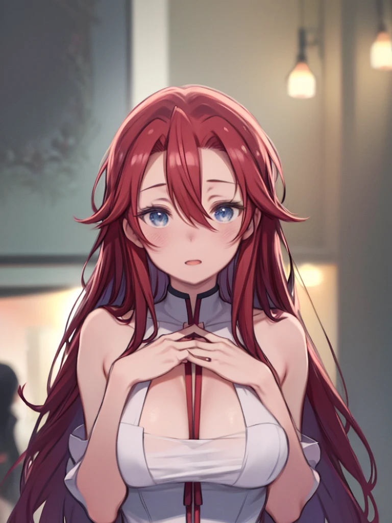 masterpiece,highest quality,High resolution,Very detailed、Close-up of face、Mature Woman、(aty, long hair、blue eyes, red hair、Hair between the eyes)、Swimsuit、Big Breasts、Huge breasts、Laughing with mouth open、Put your hands on your chest、Embarrassed、Watching the audience、Upward-facing chest、
