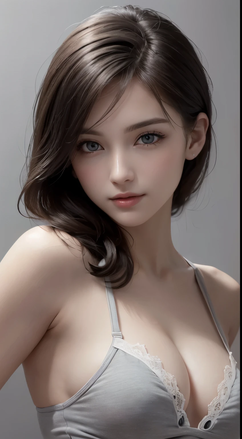 8K Ultra HD、RAWphotograph、モデルphotograph撮影、Russian Race, European laces, (masterpiece, highest quality, photoGenuineistic, High resolution, photograph: 1.3), close, focus on, Hot Model, slim, 30 years old、Small face、Shortcuts、Dark brown hair、Beautiful eyes in every detail、Genuineな肌, (Perfect body), Sexy hot face, erotic, sexual sight, slim, Sweat top, Beautiful eyes in every detail、Glossy Lips、Large Breasts、Cleavage、((Bright light、Dynamic Lighting、Genuine、超Genuine、 Genuineism、Genuineistic details、Cool Beauty、cool pose、Background gray、Plain gray background