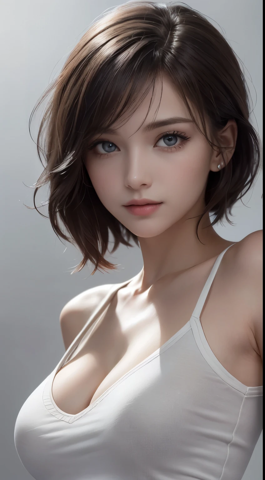 8K Ultra HD、RAWphotograph、モデルphotograph撮影、Russian Race, European laces, (masterpiece, highest quality, photoGenuineistic, High resolution, photograph: 1.3), close, focus on, Hot Model, slim, 30 years old、Small face、Shortcuts、Dark brown hair、Beautiful eyes in every detail、Genuineな肌, (Perfect body), Sexy hot face, erotic, sexual sight, slim, Sweat top, Beautiful eyes in every detail、Glossy Lips、Large Breasts、Cleavage、((Bright light、Dynamic Lighting、Genuine、超Genuine、 Genuineism、Genuineistic details、Cool Beauty、cool pose、Background gray、Plain gray background