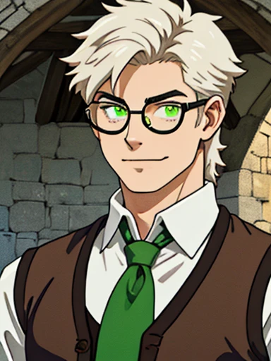 Human Male, white Tied hair  , (( best quality))  , wearing Glasses  , Green pupils, smug face, medieval Clothing ,brown vest