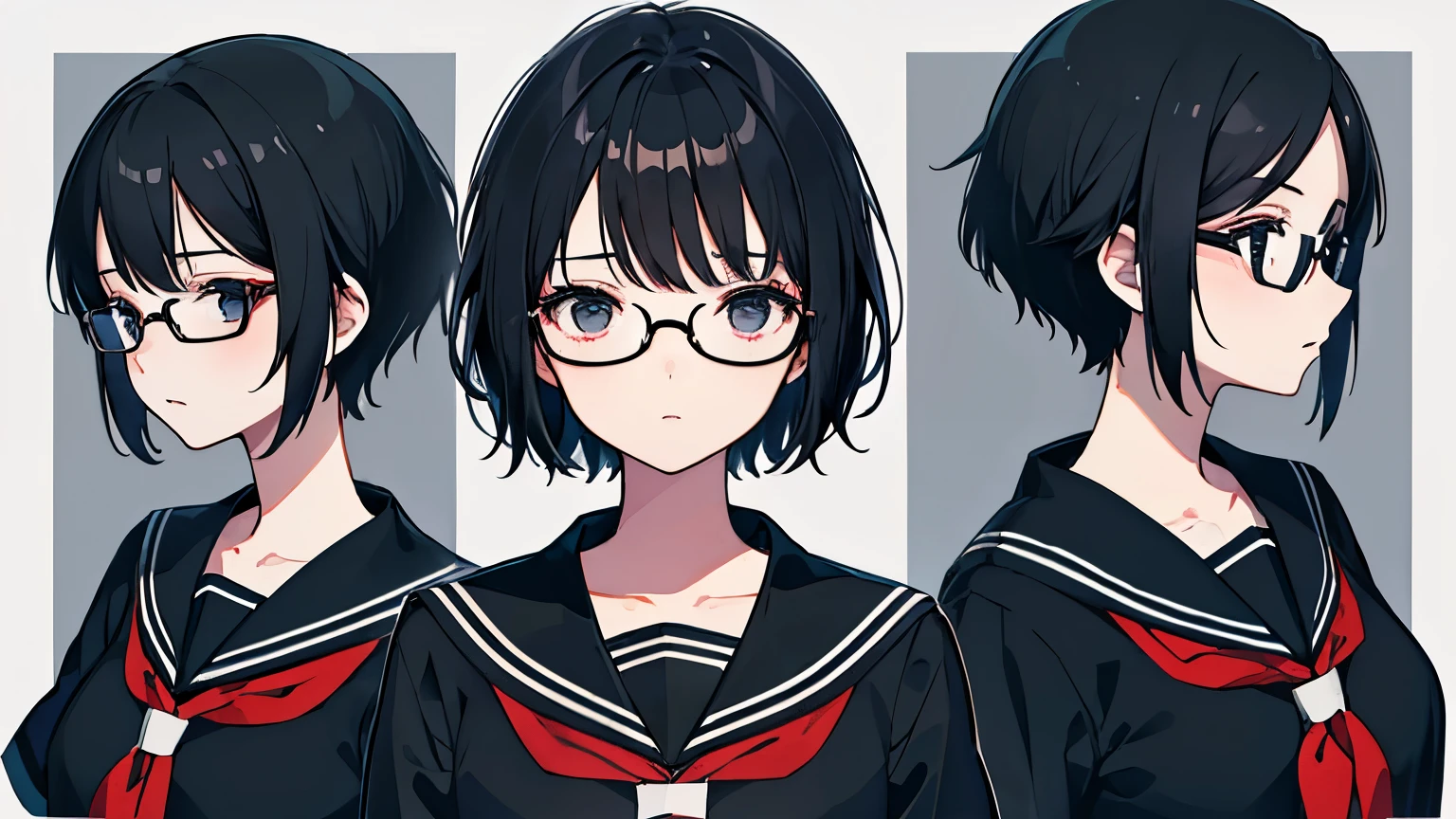 A girl with short black hair and glasses。Sailor suit、Expressionless。Front view、Black glasses