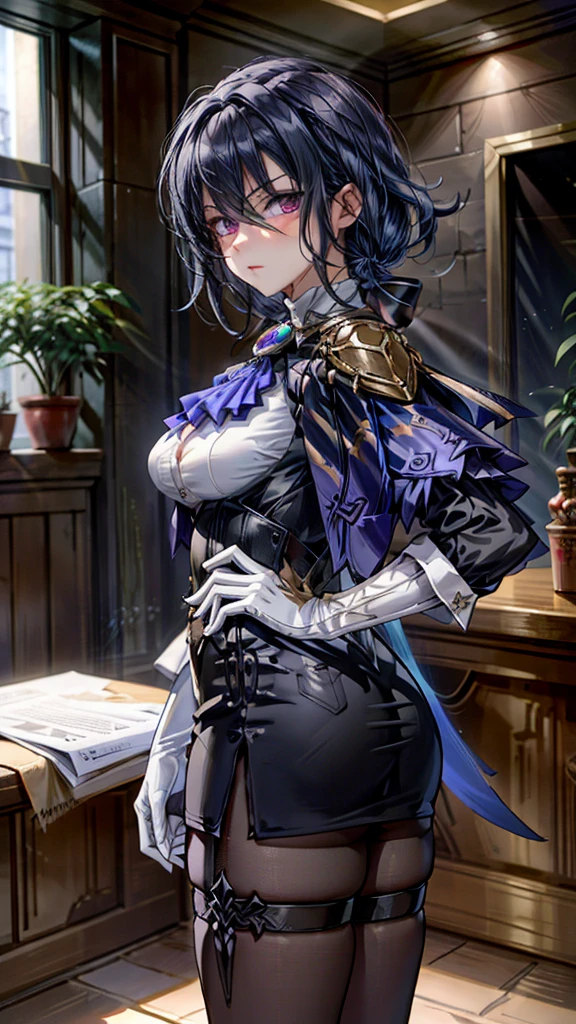 Perfect Lighting, extremely details CG, (Perfect hands, Perfect Anatomy),masterpiece,1girl in, Clolinde \(GenshinImpact\),film like、Perfect Lighting、light and shadows、Beautie、Good ass、Purple eyes、 pantyhose, blue cape, White Gloves, pencil skirts, White shirt, Thigh strap, Underbust, ascot, Jacket, depth of fields, Glaring, put hands on the hip, Looking at Viewer, chies, Indoors