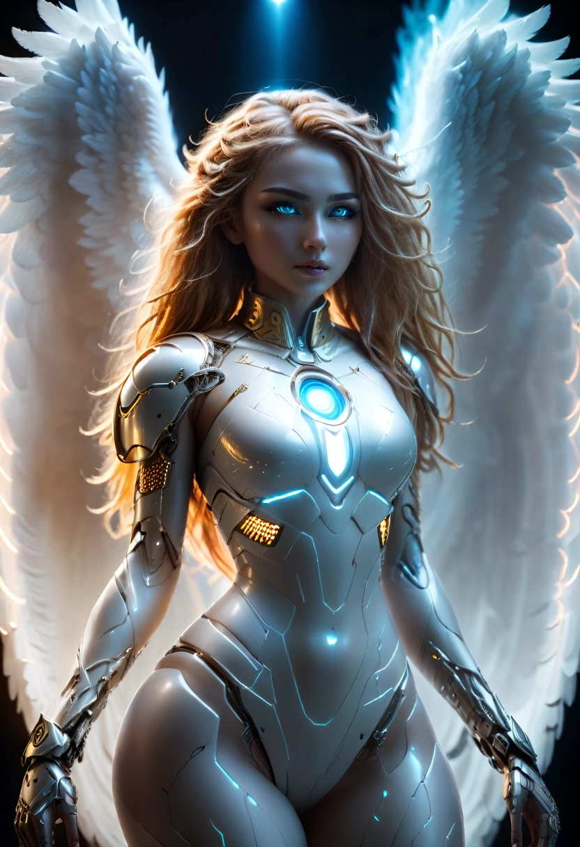 In the darkness, a woman's figure is illuminated by a circular light that frames her head, 18 year old cyborg angelic female, complete body, Caucasian skin, short, body, bio cyborg body, show cleavage, bio cyborg arm's, curved lips, long fire hair, bio cyborg legs, battle Valhalla background, ultra detailed lighting, larg anglic wings, ultrarealistic, 8k, neon gold eyes,