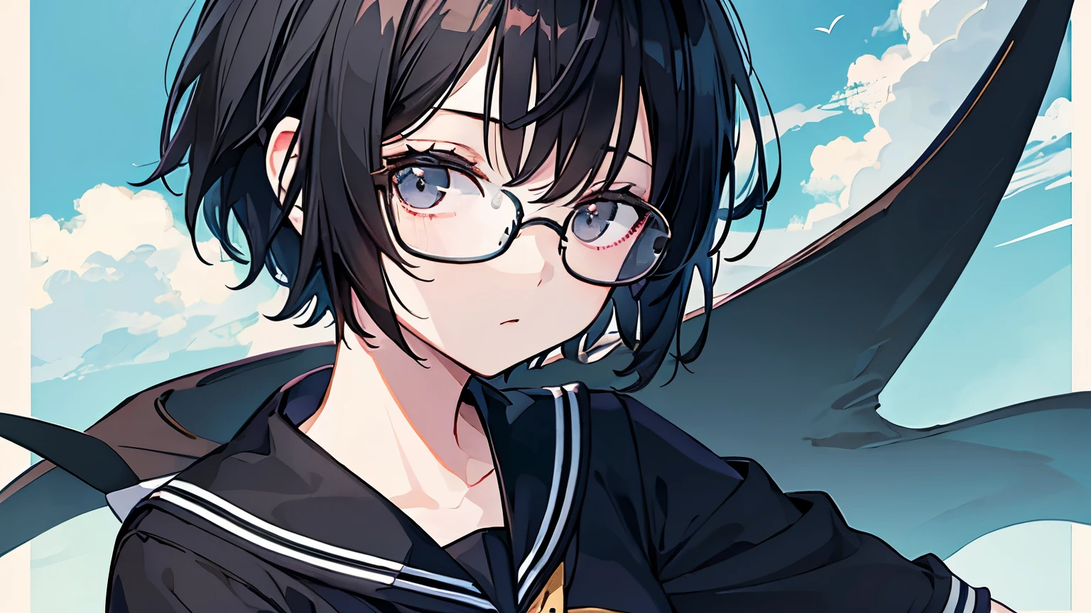 A girl with short black hair and glasses。Sailor suit、Expressionless。Front view、Black glasses