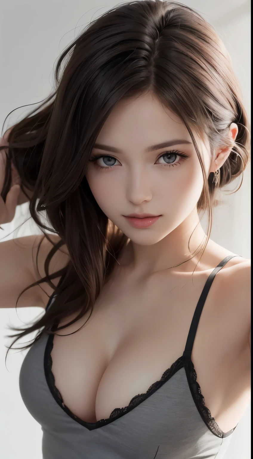 8K Ultra HD、RAWphotograph、モデルphotograph撮影、Russian Race, European laces, (masterpiece, highest quality, photoGenuineistic, High resolution, photograph: 1.3), close, focus on, Hot Model, slim, 30 years old、Small face、Shortcuts、Dark brown hair、Beautiful eyes in every detail、Genuineな肌, (Perfect body), Sexy hot face, erotic, sexual sight, slim, Sweat top, Beautiful eyes in every detail、Glossy Lips、Large Breasts、Cleavage、((Bright light、Dynamic Lighting、Genuine、超Genuine、 Genuineism、Genuineistic details、Cool Beauty、cool pose、Background gray、Plain gray background