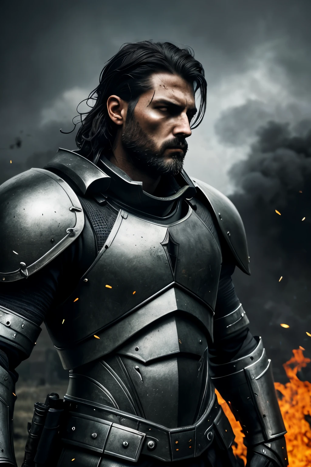 Generative Von Thun, (1 figure: 1.5), imposing presence, hyper-realistic image, dark and ominous, masterful portrayal, best quality, perfection in anatomy, broad shoulders, muscular build, high resolution, detailed, (4K), ultra-realistic, best quality, ultra-high definition, intricately textured armor, weathered and battle-worn, (gray and metallic color scheme), stern and intense gaze, profoundly lifelike, cinematic lighting, dramatic backdrop of a war-torn battlefield, shattered ruins, smoke and flames, gritty texture, raw emotion, intricate facial features, tactically strategic