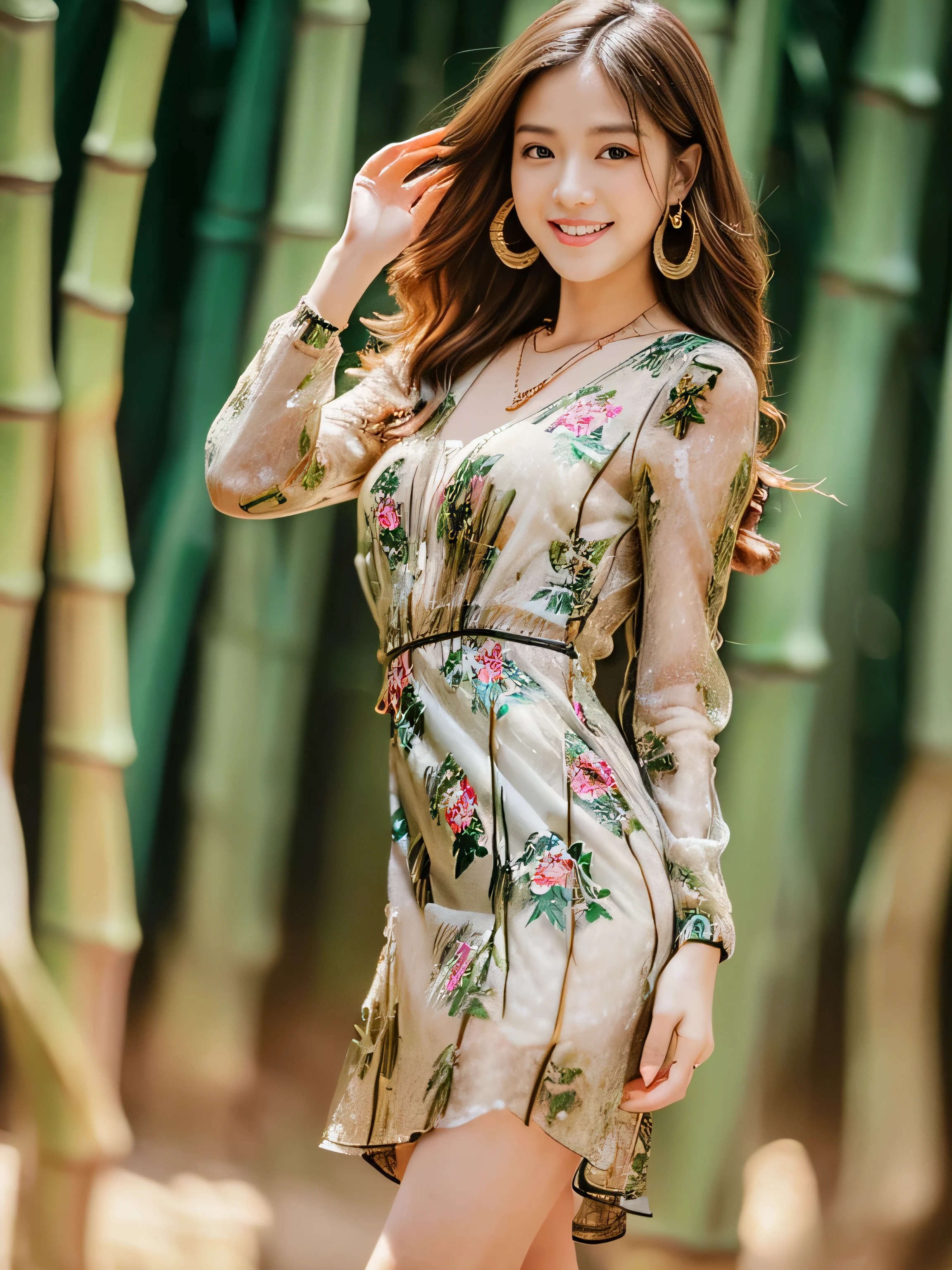((highest quality, 8k, masterpiece: 1.3)), 1 girl, smile, whole body, Slim face, Beautiful woman, Medium dark brown hair, White crisp shirt at upper body, The upper body is black straight suit pants, High heels, Highly detailed face, Fine grain, double eyelid, Blurred Background, Slim face, skyscraper, West Shot,((Loosely inward wavy hair:1.2)),((Gold Necklace_Large earrings:1.2)),((Extra long brown hair:1.2))((((wearing Big floral mini dress‗long sleeve_see-through:1.3))、((full figure supermodel standing, entire body in frame)),((in bamboo forest morning:1.4)),((heels on the ground on:1.3)),