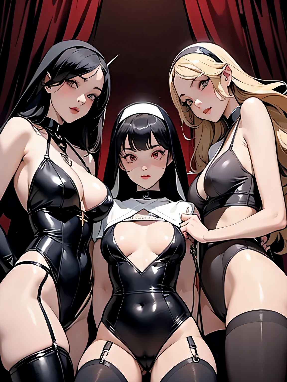 Dynamic shot, ((3 females)), A picture of 2 beautiful succubus demon girls and 1 sexy nun on a leash, ((2 demon girls and a nun)), nun, demons, beautiful demon girls, dark, sexy, nun on a leash, (golden leash), collar, bdsm, beautiful bodies, highly detailed faces, stockings, leather tight boots, horny, from below, closeup