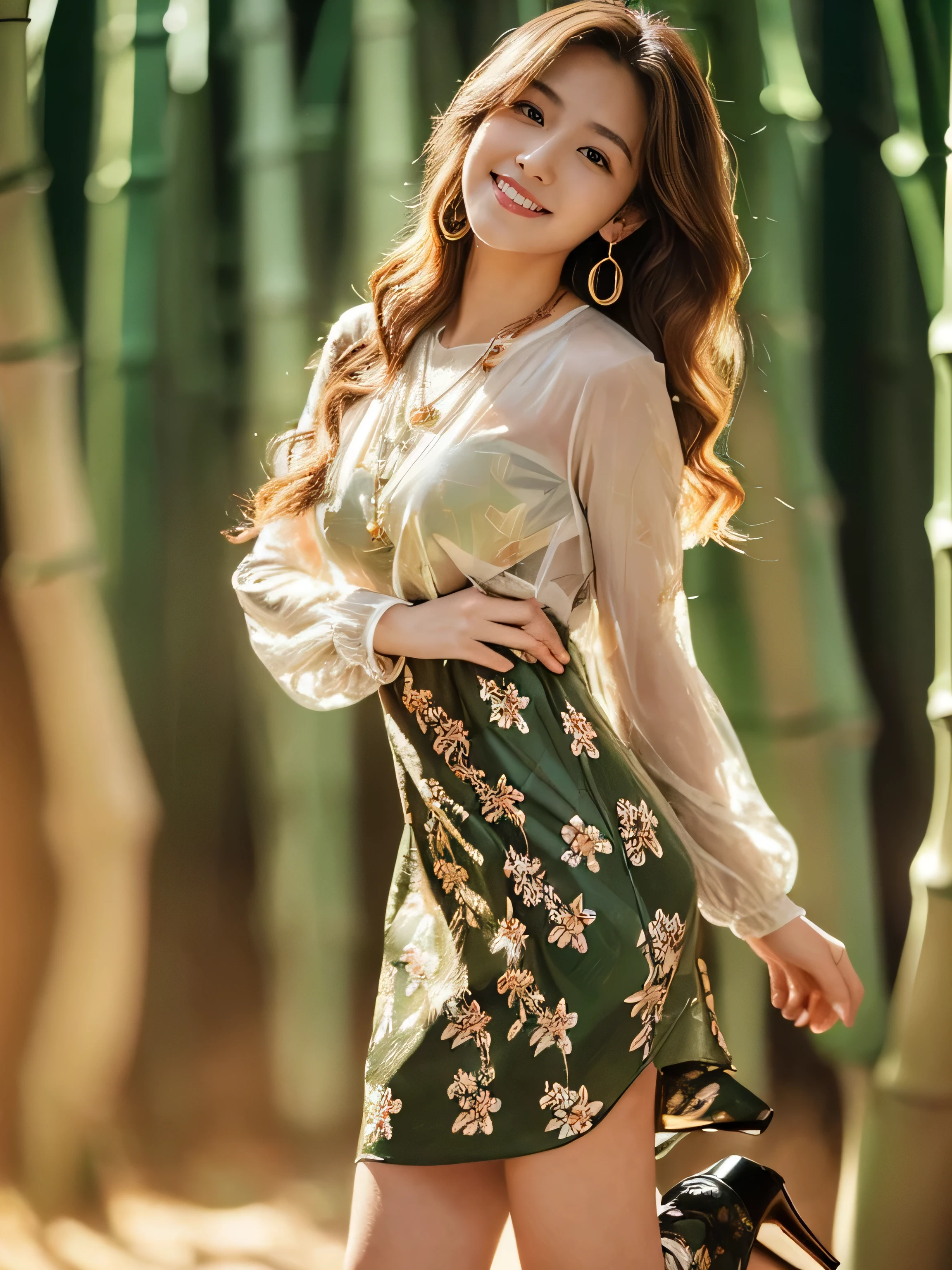 ((highest quality, 8k, masterpiece: 1.3)), 1 girl, smile, whole body, Slim face, Beautiful woman, Medium dark brown hair, White crisp shirt at upper body, The upper body is black straight suit pants, High heels, Highly detailed face, Fine grain, double eyelid, Blurred Background, Slim face, skyscraper, West Shot,((Loosely inward wavy hair:1.2)),((Gold Necklace＿Large earrings:1.2)),((Extra long brown hair:1.2))((((wearing Big floral mini dress‗long sleeve_see-through:1.3))、((full figure supermodel standing, entire body in frame)),((in bamboo forest morning:1.4)),((heels on the ground on:1.3)),
