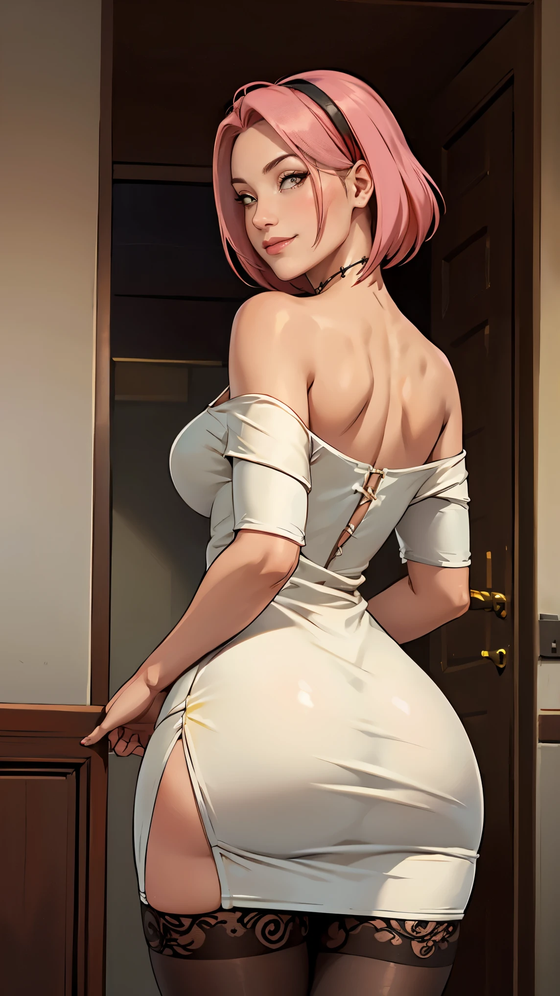 ((sonrisa sexy )),(((huge nude butt))),(((sexy off shoulder detailed dress in lingerie dress yellow color in diferents styles))), Obra maestra， La mejor calidad en el mejor de los casos， 1girll， Sakura Haruno， senos grandes,Vestimenta fuera del hombro， ,（escote)，（Primer plano de la parte superior del cuerpo)，Criado sexy， shy，smil，con cabello rosado， Pelo largo blanquecino， There a woman with pink hair and stockings posing in a stritease club, Lower angle, illuminated from behind, de rodillas, muslos y falda, de rodillas, peeping from behind, muslos de cerca, curvy accentuated booty, hiperrealista con vestido corto , rodillas metidas, agacharse, abrazando sus rodillas, iluminado desde abajo, View from behind ,(((big )))
