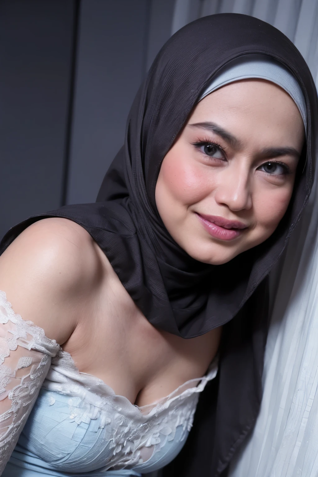 ((FLAT CHEST:1.8)), ((Lace)), (Happy smile), (((HIJAB MALAY GIRL))), masutepiece, High quality, UHD 32K, Realistic face, Realistic skin feeling , A Japanese Lady, 58 years old matured lady, , Very cute and baby-like face, (((FLAT CHEST))), (Night time at forest), ((look In front at the camera and SADNESS)), (((WHITE FLUORESCENT))), (((CUTE GIRL))), ((LIGHT BLUE FLUORESCENT LIPS)), ((Floral Pattern)) little wearing strapless bra, strapless colorful bra, dark night background , black forest night, horror scary place, (from behind up) seductive pose, naked naked