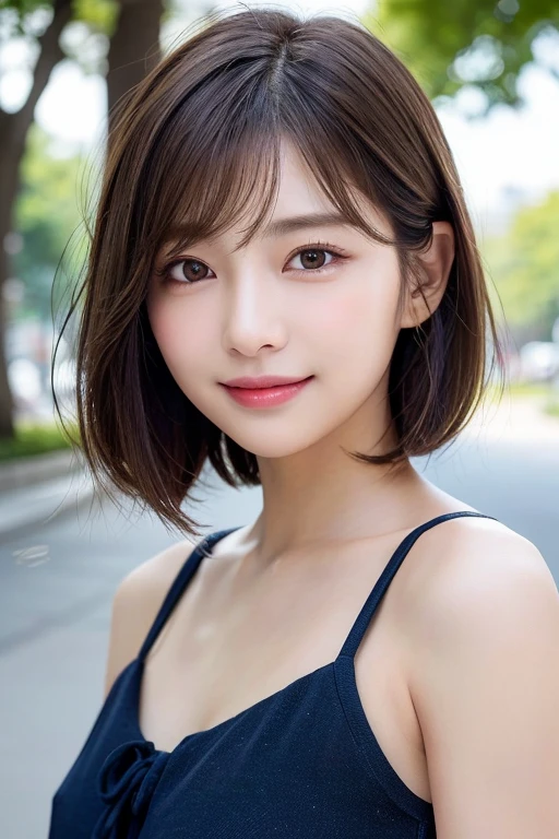 (((Definitely shoulder length, short, Straight Brown Bob)))、(((She has a summer park in the background、Posing like a model in a hair salon.)))、(((Random and cute street fashion)))、Face close-up、Half Japan, Half Korean、18-year-old girl、Independent、I&#39;m looking forward to、Light eye makeup、Brown Hair Color、Flat 、Hair blowing in the wind、Quality of actress、Shiny, Ultra-realistic faces、smile、Watery eye、look up、Subtle lighting effects、 Ultra-Realistic Capture、Very detailed、High resolution 16k human skin closeup。Skin texture must be natural、The detail must be such that the pores are clearly visible.、skin is healthy、Even Tone、Use natural light and color、High quality images taken by modeling agencies&#39;Exclusive photographer、smile
