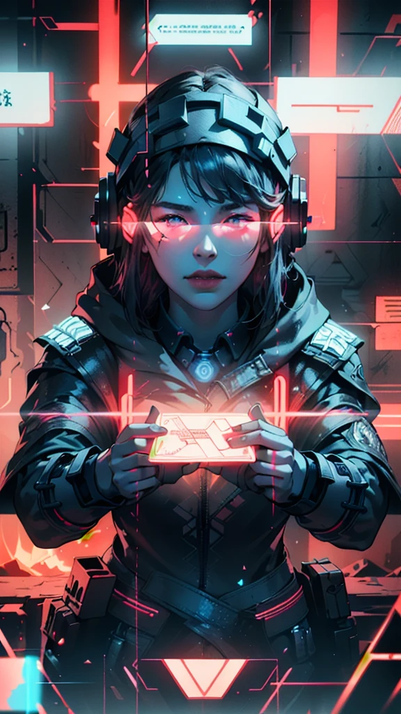 ((Best Quality)), ((Masterpiece)), (Very Detailed: 1.3), Dark Room, Neon Noir, Beautiful Cyberpunk Woman, (Wearing a Chunky High-Tech Head-Mounted Display: 1.2), Wearing a Cape, Hacking Computer Terminal, Blue Neon Lights from Monitors, Red Neon Codes on the Walls,