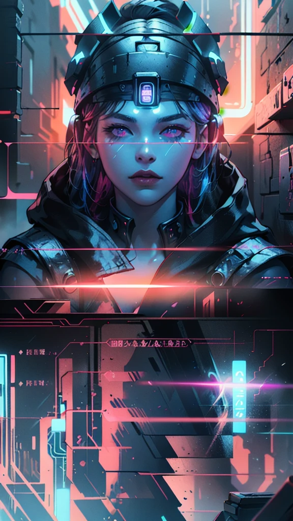 ((Best Quality)), ((Masterpiece)), (Very Detailed: 1.3), Dark Room, Neon Noir, Beautiful Cyberpunk Woman, (Wearing a Chunky High-Tech Head-Mounted Display: 1.2), Wearing a Cape, Hacking Computer Terminal, Blue Neon Lights from Monitors, Red Neon Codes on the Walls,