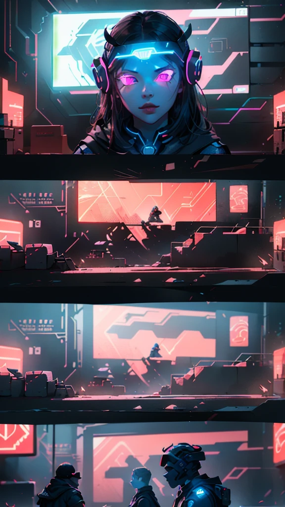 ((Best Quality)), ((Masterpiece)), (Very Detailed: 1.3), Dark Room, Neon Noir, Beautiful Cyberpunk Woman, (Wearing a Chunky High-Tech Head-Mounted Display: 1.2), Wearing a Cape, Hacking Computer Terminal, Blue Neon Lights from Monitors, Red Neon Codes on the Walls,