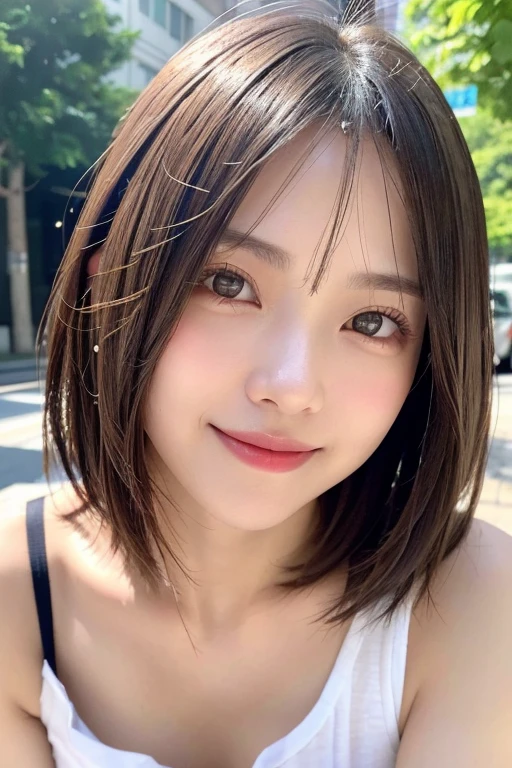 (((Definitely shoulder length, short, Straight Brown Bob)))、(((She has a summer park in the background、Posing like a model in a hair salon.)))、(((Random and cute street fashion)))、Face close-up、Half Japan, Half Korean、18-year-old girl、Independent、I'm looking forward to、Light eye makeup、Brown Hair Color、Flat 、Hair blowing in the wind、Quality of actress、Shiny, Ultra-realistic faces、smile、Watery eye、look up、Subtle lighting effects、 Ultra-Realistic Capture、Very detailed、High resolution 16k human skin closeup。Skin texture must be natural、The detail must be such that the pores are clearly visible.、skin is healthy、Even Tone、Use natural light and color、High quality images taken by modeling agencies'Exclusive photographer、smile