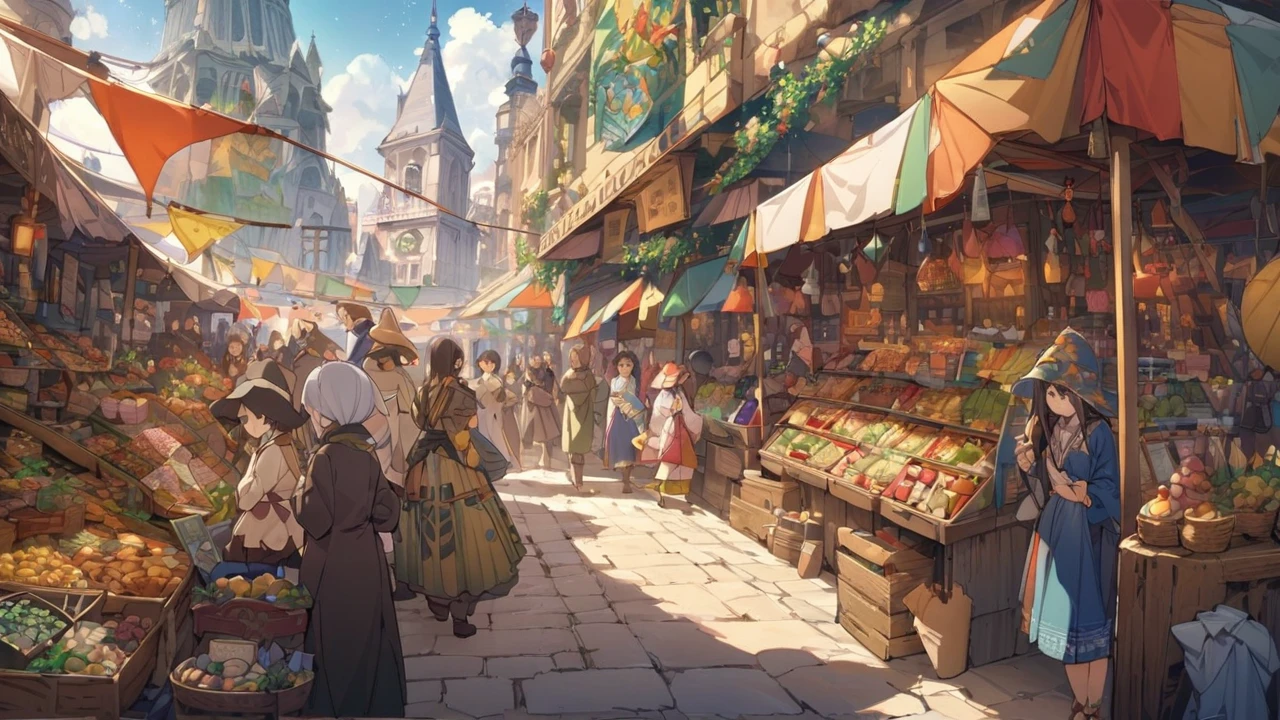 (masterpiece, highest quality:1.2), Step into the magical market、There, colorful tents and food stalls spread out before your eyes.。Fairies and elves smile as they display the goods.、Sells fascinating magical items and miraculous herbs。At the center of the market stands an ancient, magical tower.、Around it, wizards and adventurers from all over the world, past and present, gather and interact.。Curtains and flowers swaying in the wind々The scent of、The whole market is full of life and energy.