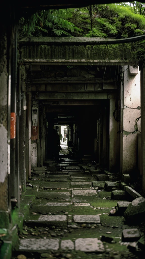Underground street,moss,Collapse,Devastation,Inside the ruins,Showa,Glasses,Women,adventure,Black and White,
