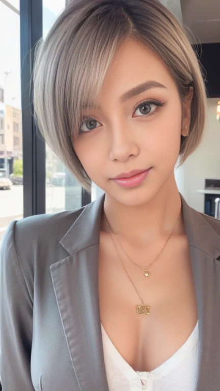 (Masterpiece,Top Quality),1girl,(Photorealistic:1.1),tanned skin,30 years old,double eyelid,((gray suit)),wearing a shirt,(extra short hair),necklace,ultra real,shining eyes,beautiful woman,bar background,eye shadow,eyeliner,realistic eyes,look at the viewer,detailed face,(photorealistic),(raw photo),sexy look,pink lips,even tone,use natural light and color