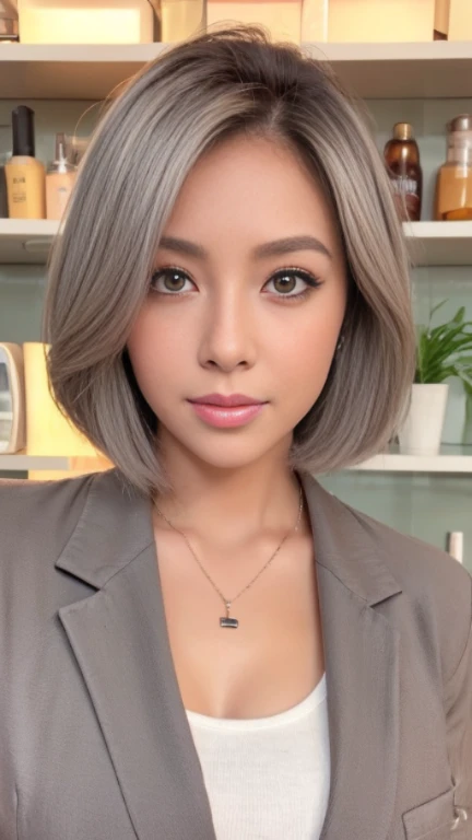 (Masterpiece,Top Quality),1girl,(Photorealistic:1.1),tanned skin,30 years old,double eyelid,((gray suit)),wearing a shirt,(extra short hair),necklace,ultra real,shining eyes,beautiful woman,bar background,eye shadow,eyeliner,realistic eyes,look at the viewer,detailed face,(photorealistic),(raw photo),sexy look,pink lips,even tone,use natural light and color