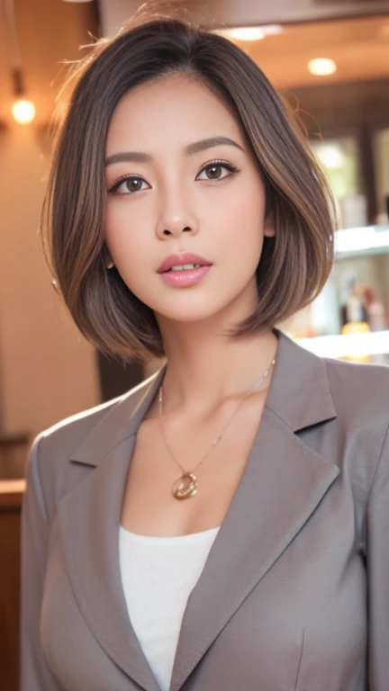 (Masterpiece,Top Quality),1girl,(Photorealistic:1.1),tanned skin,30 years old,double eyelid,((gray suit)),wearing a shirt,(extra short hair),necklace,ultra real,shining eyes,beautiful woman,bar background,eye shadow,eyeliner,realistic eyes,look at the viewer,detailed face,(photorealistic),(raw photo),sexy look,pink lips,even tone,use natural light and color