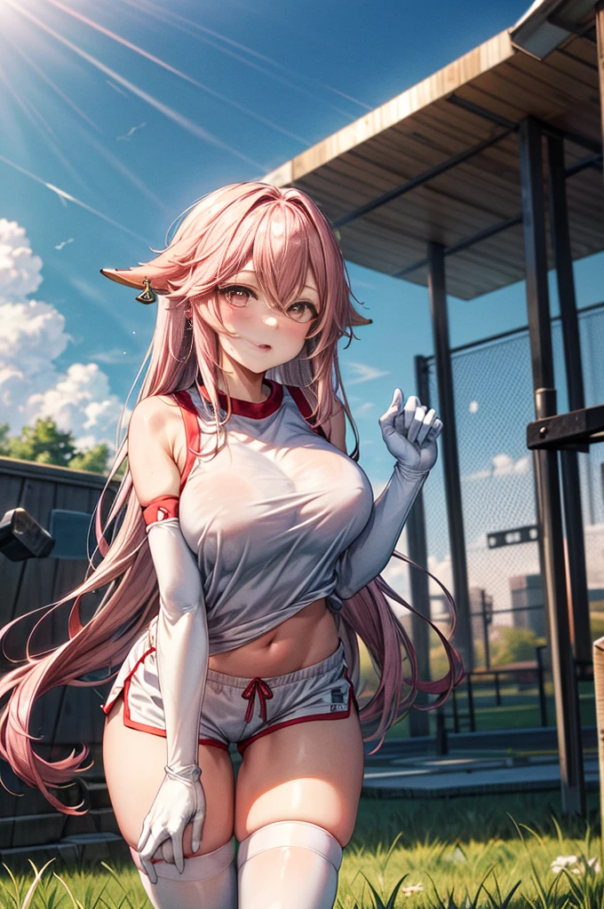 masterpiece, best quality, highres, yae miko, pink long hair, symbol-shaped pupils, +_+, large breasts, gym uniform, white shirt, sleeveless, white gloves, elbow gloves, white shorts, gym shorts, short shorts, white thighhighs, outdoor, playground, grass, cowboy shot, standing, leaning forward,