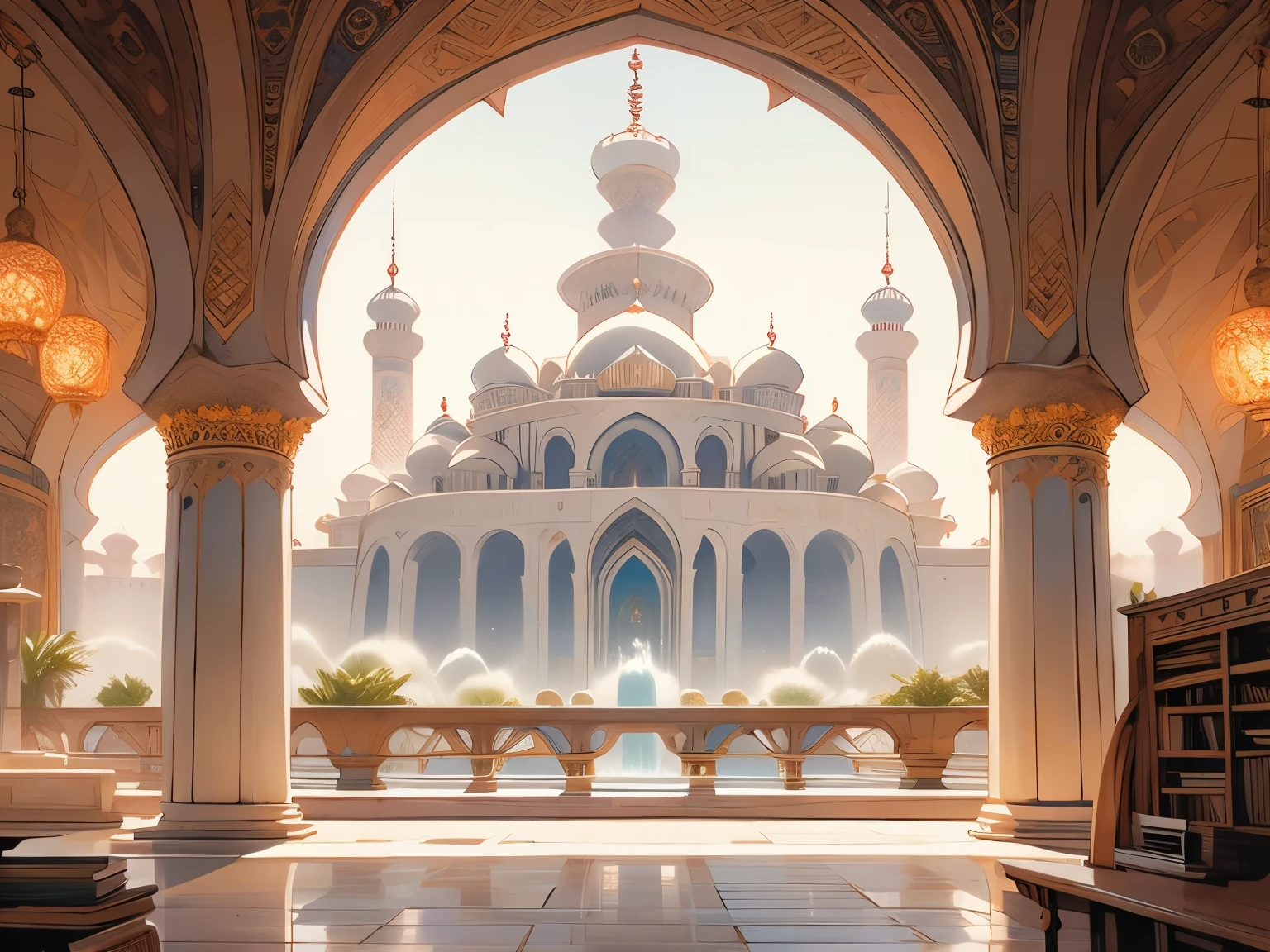 higher, imagination, (realistic), best quality, masterpiece, Realistic Detail, Depth of field, 8k, Full HD, 3d, Super resolution, arafed view of a waterfall in a Mosque with bookshelves, vast Mosque, fancy Mosque, books cave, Mosque background, an eternal Mosque, ancient Mosque, grand Mosque, magical environment, epic rivendell fantasy, an endless waterfall, background = Mosque, gothic epic library, castle Mosque