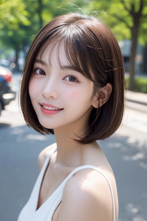 (((Definitely shoulder length, short, Straight Brown Bob)))、(((She has a summer park in the background、Posing like a model in a hair salon.)))、(((Random and cute street fashion)))、Face close-up、Half Japan, Half Korean、18-year-old girl、Independent、I&#39;m looking forward to、Light eye makeup、Brown Hair Color、Flat 、Hair blowing in the wind、Quality of actress、Shiny, Ultra-realistic faces、smile、Watery eye、look up、Subtle lighting effects、 Ultra-Realistic Capture、Very detailed、High resolution 16k human skin closeup。Skin texture must be natural、The detail must be such that the pores are clearly visible.、skin is healthy、Even Tone、Use natural light and color、High quality images taken by modeling agencies&#39;Exclusive photographer、smile
