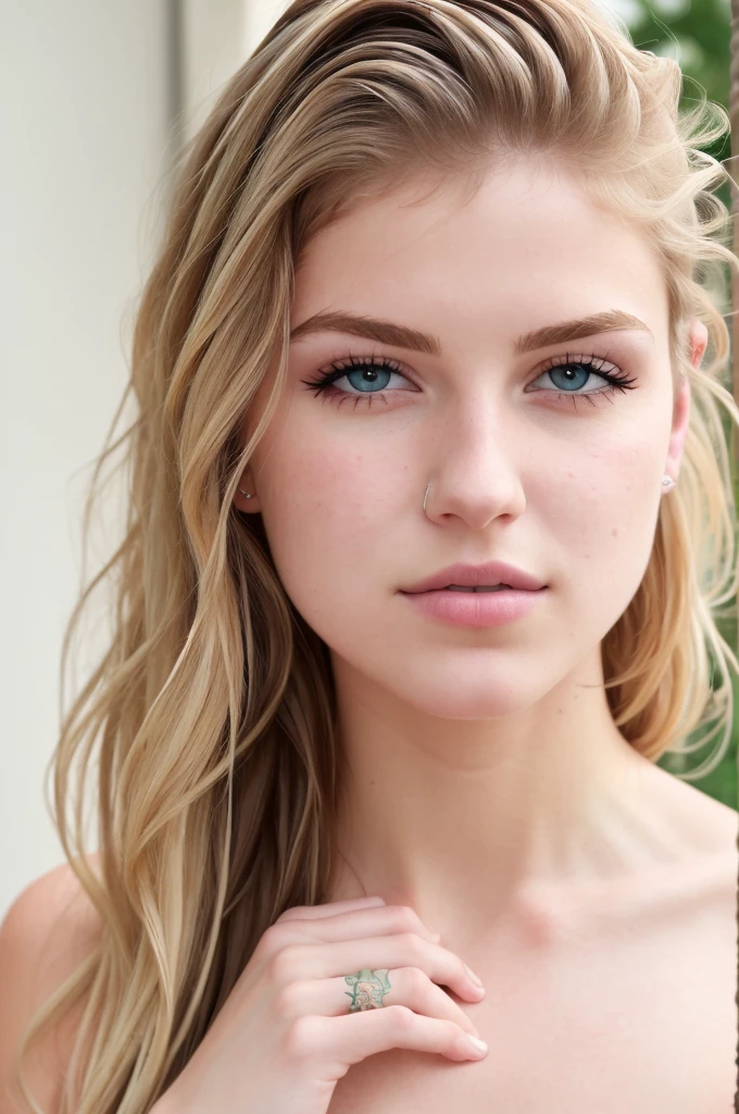 ((best quality)), ((ultra res)), ((photorealistic)), (intricate details), 19 years old, blonde hair, perfect face, make up:1.5, light on face, face detail, NAKED, short hair,