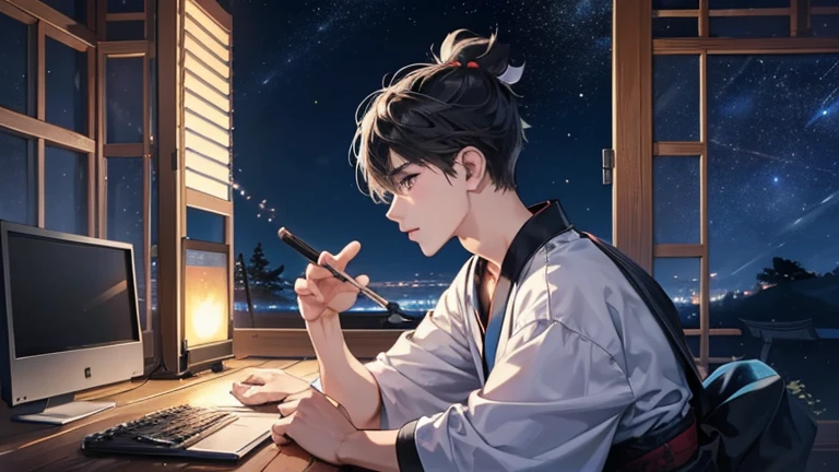 A samurai using a computer while listening to music, a beautiful night sky outside the window, a boy,