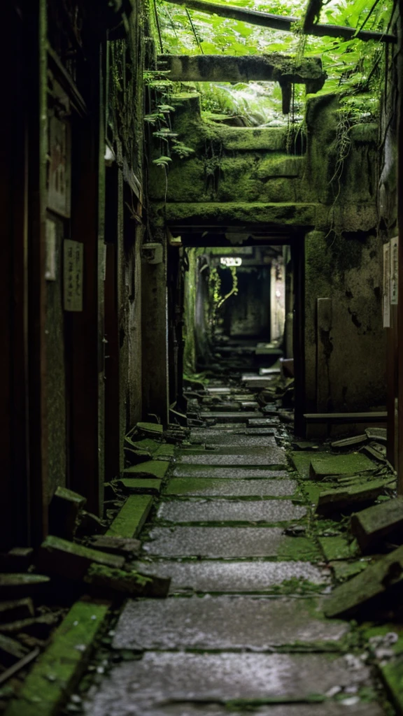 Showa,Underground street,moss,Collapse,Devastation,Inside the ruins,Glasses,Women,adventure,Black and White,