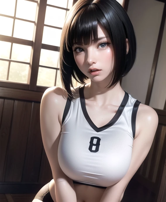 16 year old Japanese girl,(Highly detailed skin),curvy,,Beautiful big breasts,(Big Breasts),Pale skin,Pointed Chest,Erect nipples,(Fantasy art,Best image quality,Hyperrealist portrait,(8k),Ultra-realistic,最high quality, high quality, High resolution, high quality texture,Attention to detail,Beautiful details,detailed,Extremely detailed CG,detailed Texture,Realistic facial expressions,masterpiece,in front,dynamic,bold),Very short black bob hair,(very thin hair),(Very soft hair),(Super Stray Bob Hair:1.5),length, sleek bangs,Very light coppery amber hair,Hair on one eye,Wearing a volleyball uniform、The lines of the body are clearly visible、Close-fitting clothing、Crouched down with his back to the viewer、Squat、Drawing from behind、Emphasize the back、Emphasizes the feeling of your buttocks being squeezed