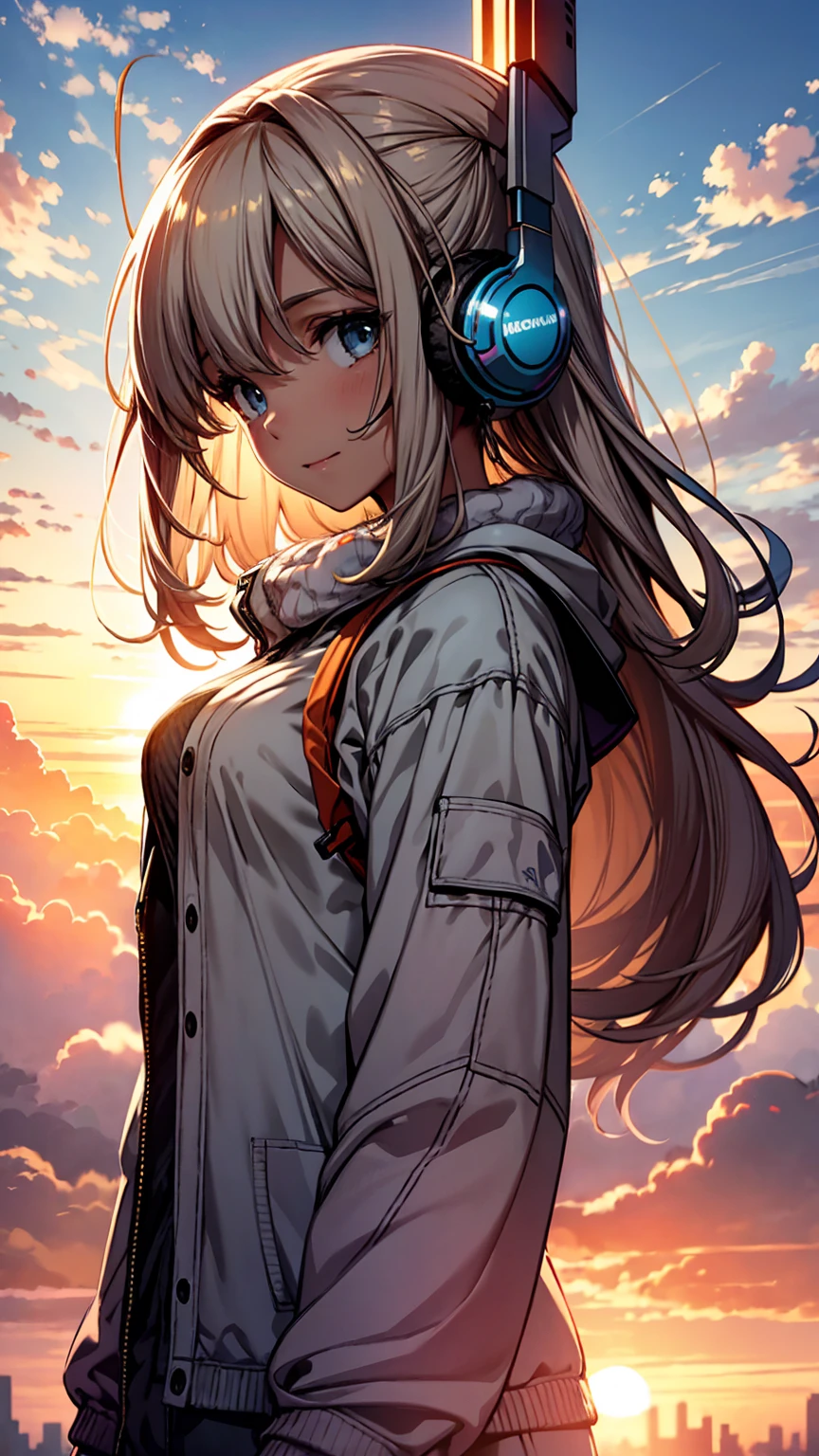 masterpiece, highest quality, Movie stills, One girl, Cloud Girl,Wearing headphones、 Floating in the sky, close, bright, Happy, Warm and soft lighting, sunset, (spark:0.7)