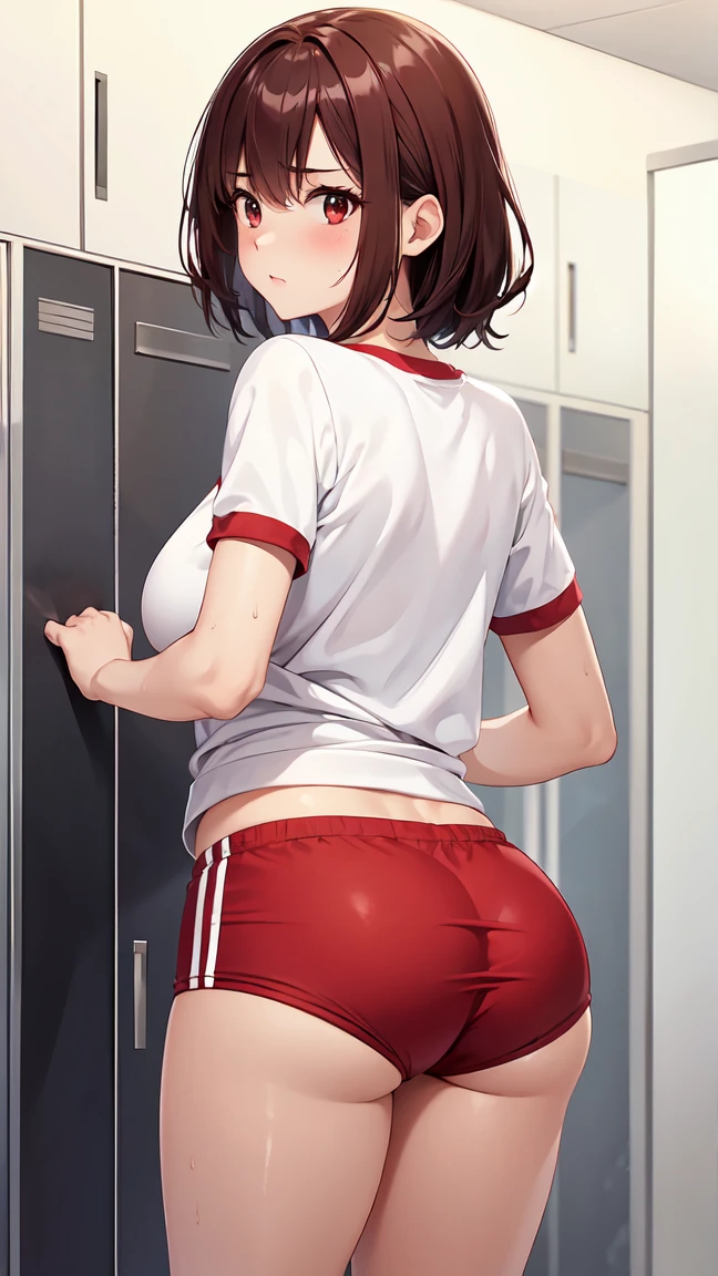 Looking back while changing clothes, Big Breasts, (White gym clothes, Short sleeve, Red Bloomers), There are beautiful older women, brm, High-quality facial beauty, Surprised, locker room, Shiny skin, Fine skin