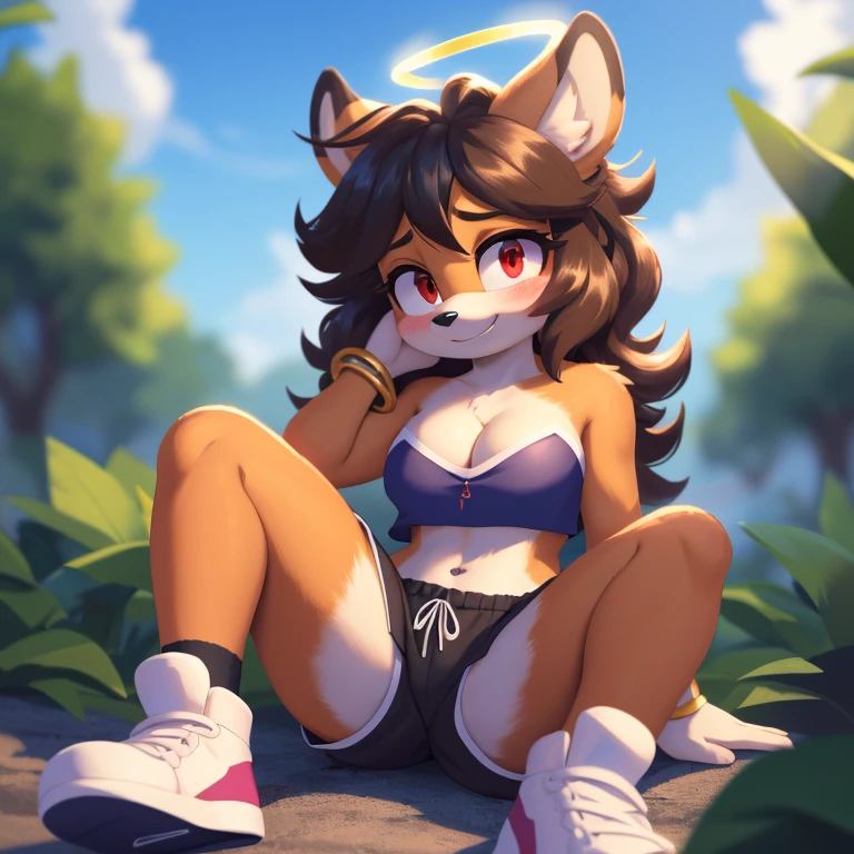 mobian, hedgehog, two-tone fur ((orange fur, brown fur)), pyjama elastic shorts, strapless crop top, cleavage, high-top sneakers, two-tone hair (brown hair, black tip)), curly hair, halo, sunglasses, jewelry, red eyes, longeyelashes, red eyes, smile, shy, blush, high detail, masterpiece, UHD, anatomically correct, super detail, highres, 4K