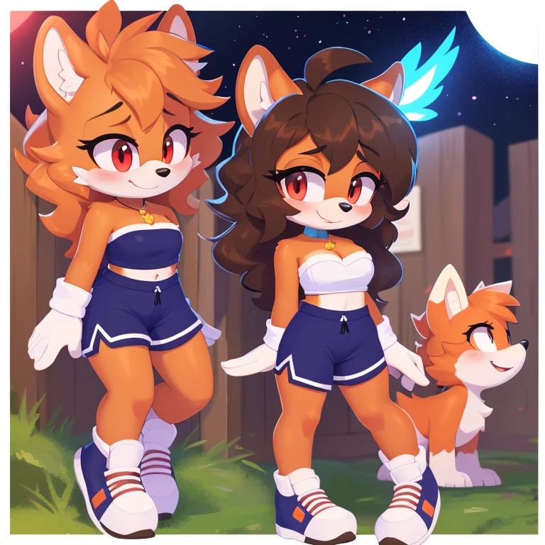 mobian, hedgehog, two-tone fur ((orange fur, brown fur)), pyjama elastic shorts, strapless crop top, cleavage, high-top sneakers, two-tone hair (brown hair, black tip)), curly hair, halo, sunglasses, jewelry, red eyes, longeyelashes, red eyes, smile, shy, blush, high detail, masterpiece, UHD, anatomically correct, super detail, highres, 4K