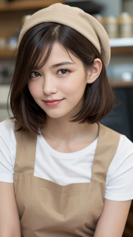 highest quality, Pieces fly, Ultra-high resolution, (that&#39;Photorealistic:1.4), RAW Photos, 1 girl,  ((Cafe staff)),((Cute Uniform)),(white t-shirt and jeans)),((beige apron)), Hair tied up, Plain black newsboy cap,Slender body,Fine grain,(Realistic eyes),Delicate face,realsK-san in,Detailed Hair,Detailed sKさんin,Pretty face, smile