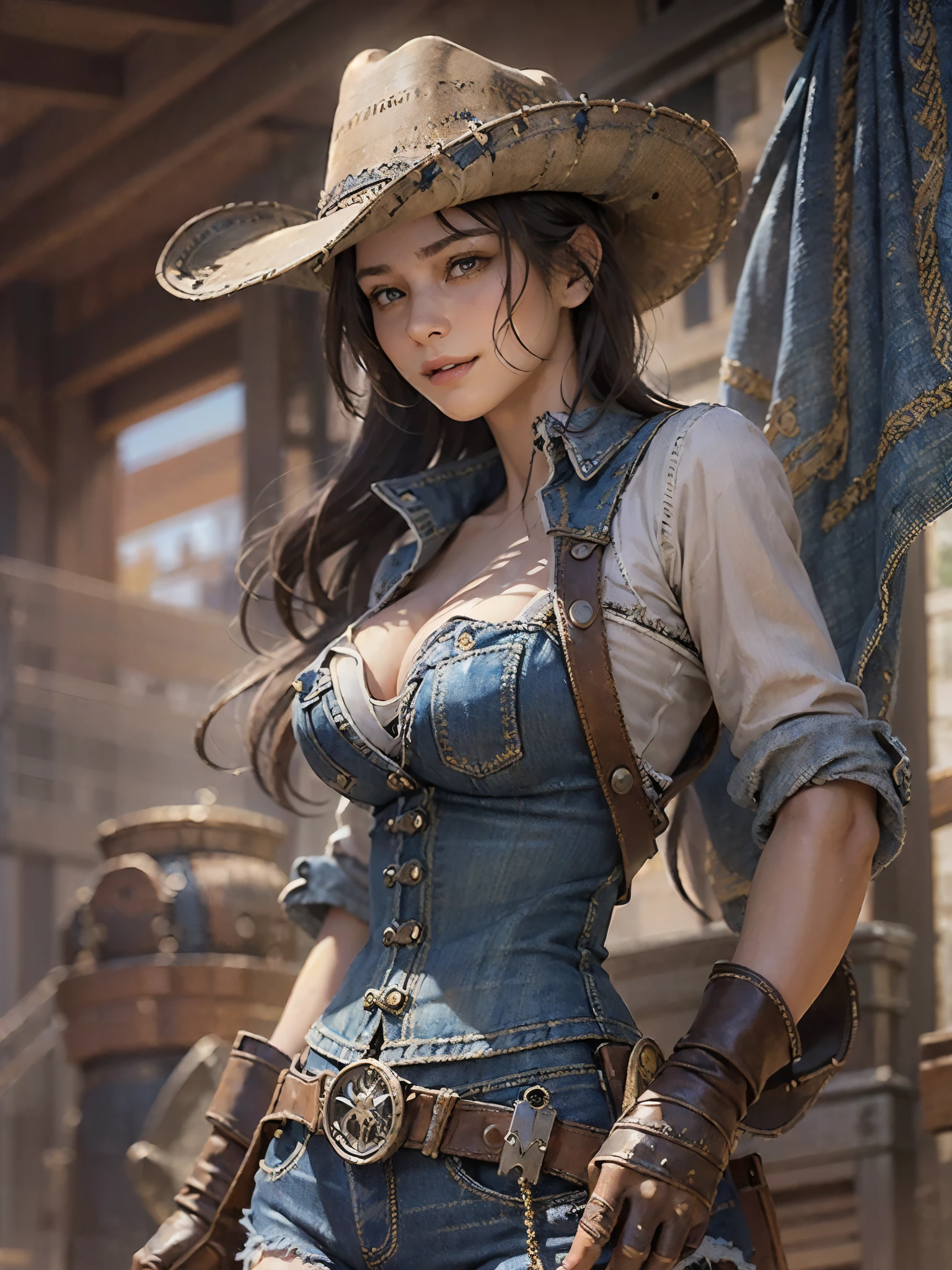 ((highest quality)),(Ultra-high resolution),(Very detailed),(Detailed Description),((The best CG)),(A masterpiece),Ultra-precise art,amazing drawing art,(Art with precise detail:1.5), (Female gunslinger:1.5),(Beautiful and well-proportioned face:1.6),(Toned body:1.7),(Denim Fashion:1.6),(Cleavage:1.6),(Fearless smile:1.4), ((Wild West:1.6)),(Wild Westの酒場:1.5), Flying dust:1.6