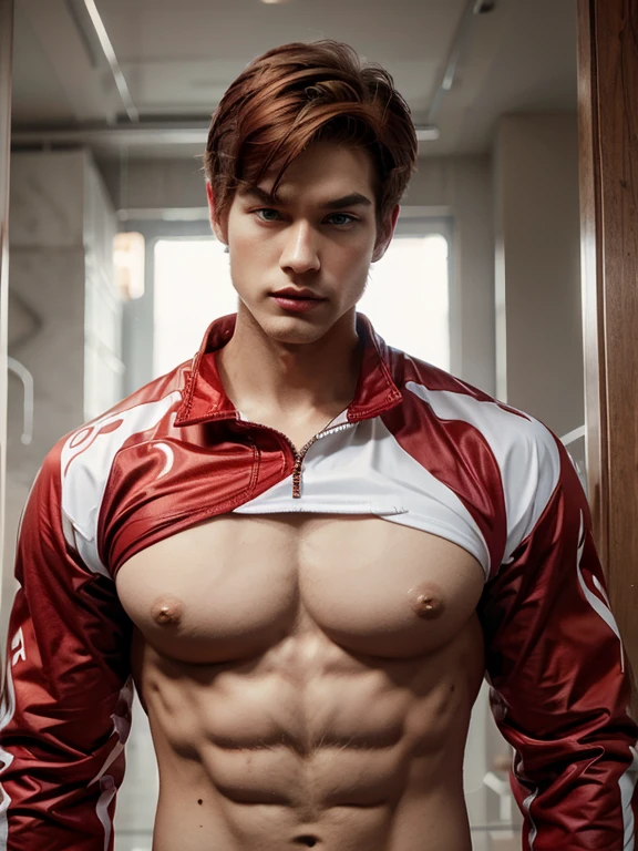 Tall white boy, defined muscle, red curve hair, euroasian descended, wearing clothes and grafic colorful makeup