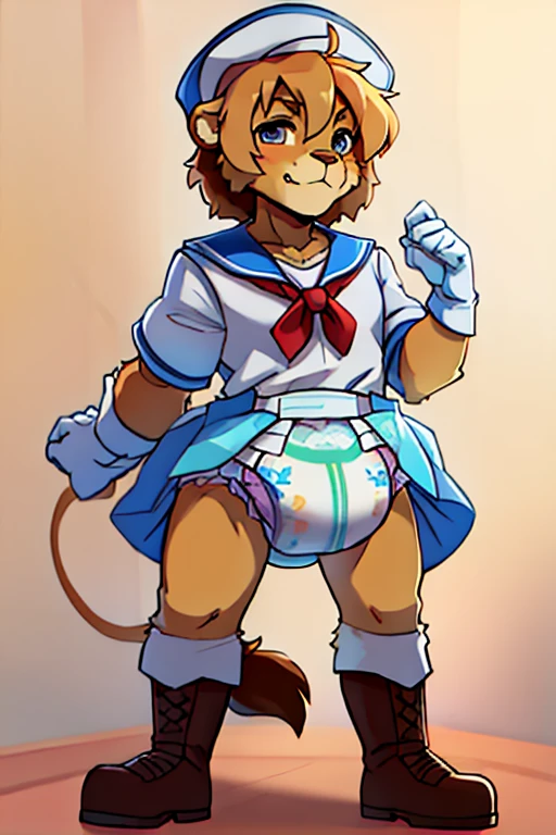 boy, lion, furry, bodyfur, sailor suit, diaper, gloves, boots