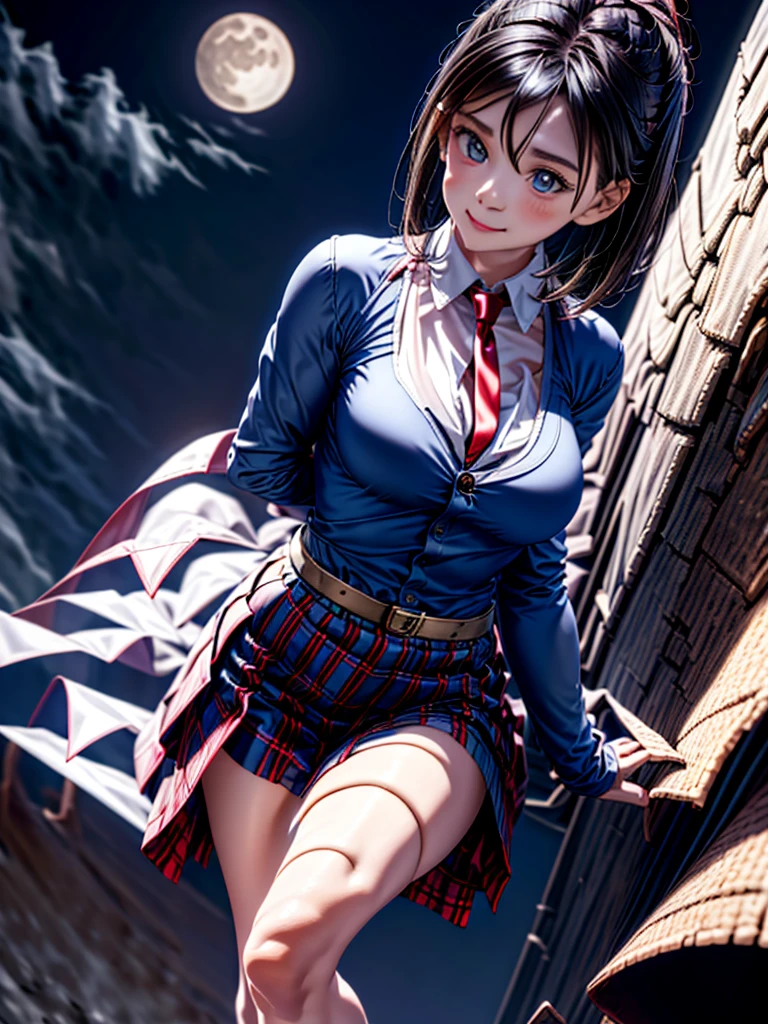 1girl, solo, looking at viewer, smile, short hair, skirt, shirt, black hair, long sleeves, holding, hair between eyes, brown eyes, closed mouth, , jacket, white shirt, ahoge, pleated skirt, outdoors, necktie, sky, bag, plaid, night, plaid skirt, moon, blazer, red necktie, star (sky), night sky, full moon, starry sky