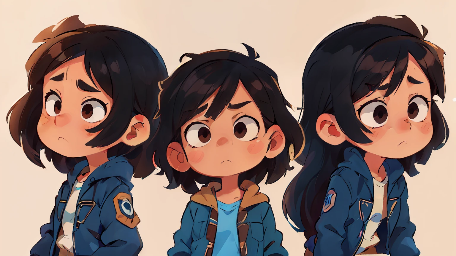 (best quality, ultra-detailed), masterpiece, highest quality, sheet characters, 5 images; (black hair, brown eyes), cartoon style, upper body portrait, wearing blue jacket, sad expression, shy pose (PNGTUBE) Multiple poses and expressions. Vibrant colors, soft lighting, detailed facial features, multiple angles, high detail