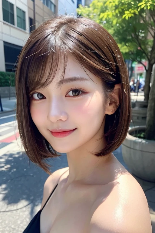 (((Definitely shoulder length, short, Straight Brown Bob)))、(((In her background is a summer park、Pose like a model at the beauty salon.)))、(((Random and cute street fashion)))、Face close-up、Half Japan, Half Korean、18-year-old girl、Independent、I&#39;looking forward to it、Light eye makeup、Brown Hair Color、flat 、Hair blowing in the wind、Quality of actress、Shiny, Ultra-realistic faces、smile、Watery eye、look up、Subtle lighting effects、 Ultra-Realistic Capture、Very detailed、High resolution 16k human skin closeup。Skin texture must be natural、The detail must be such that the pores are clearly visible..、skin is healthy、Even Tone、Use natural light and color、High quality images taken by modeling agencies&#39;Exclusive photographer、smile
