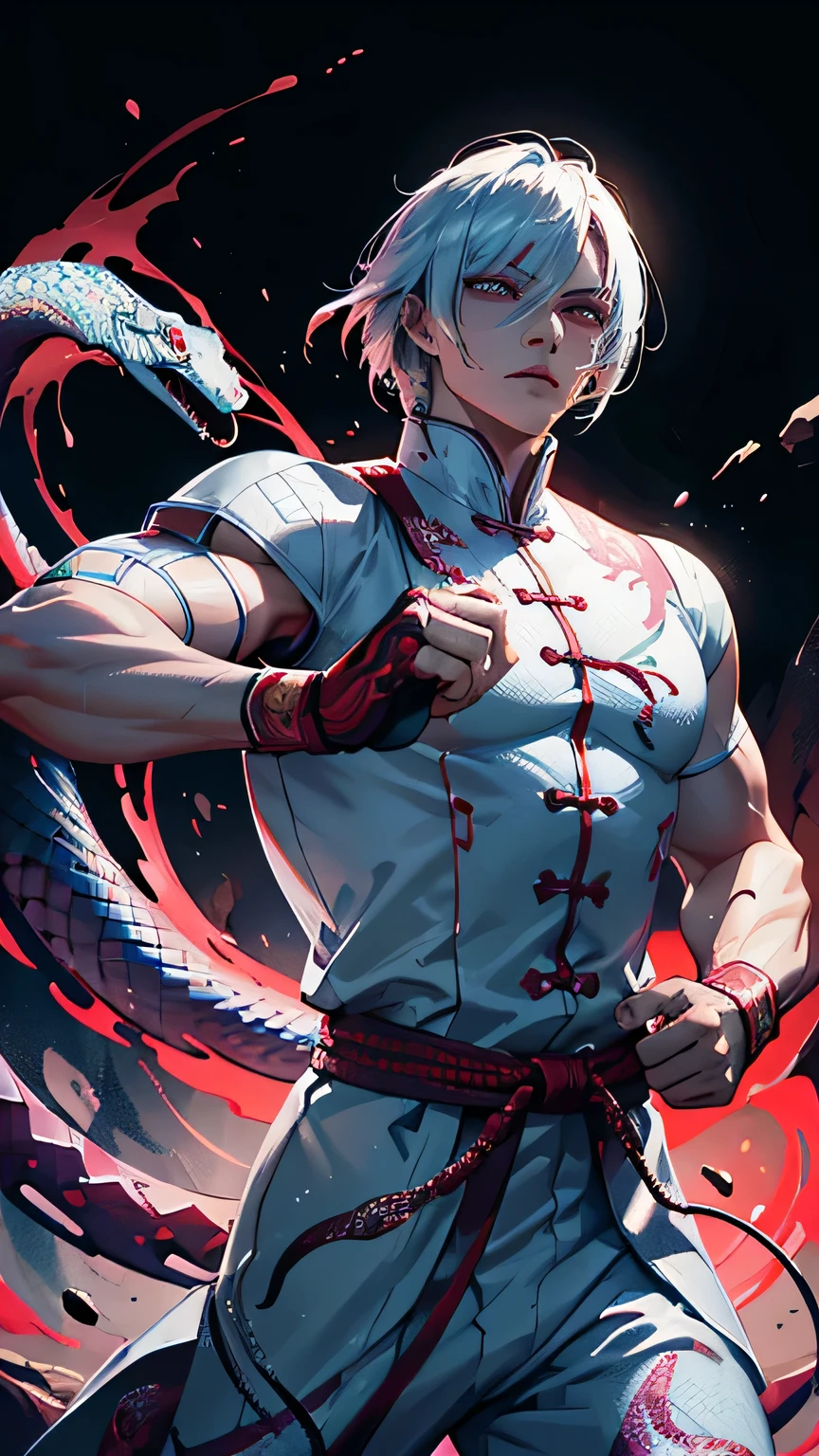 Stable Diffusion prompt: snake-shaped man, wearing a white kung fu suit, high-res detailed scales, intense and vibrant colors, dynamic martial arts pose, realistic rendering, dramatic lighting, digital painting, surreal atmosphere, glowing eyes, snake tongue flickering, intense martial arts action, intricate motion blur, vivid and captivating artwork