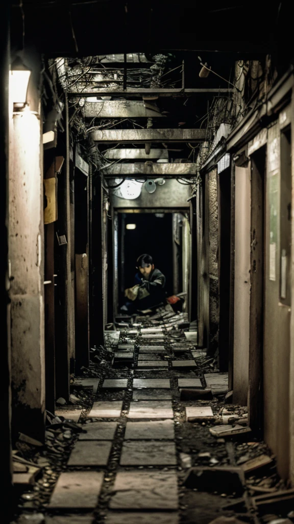 Showa,Underground street,Collapse,Devastation,Inside the ruins,Glasses,Women,adventure,Black and White,