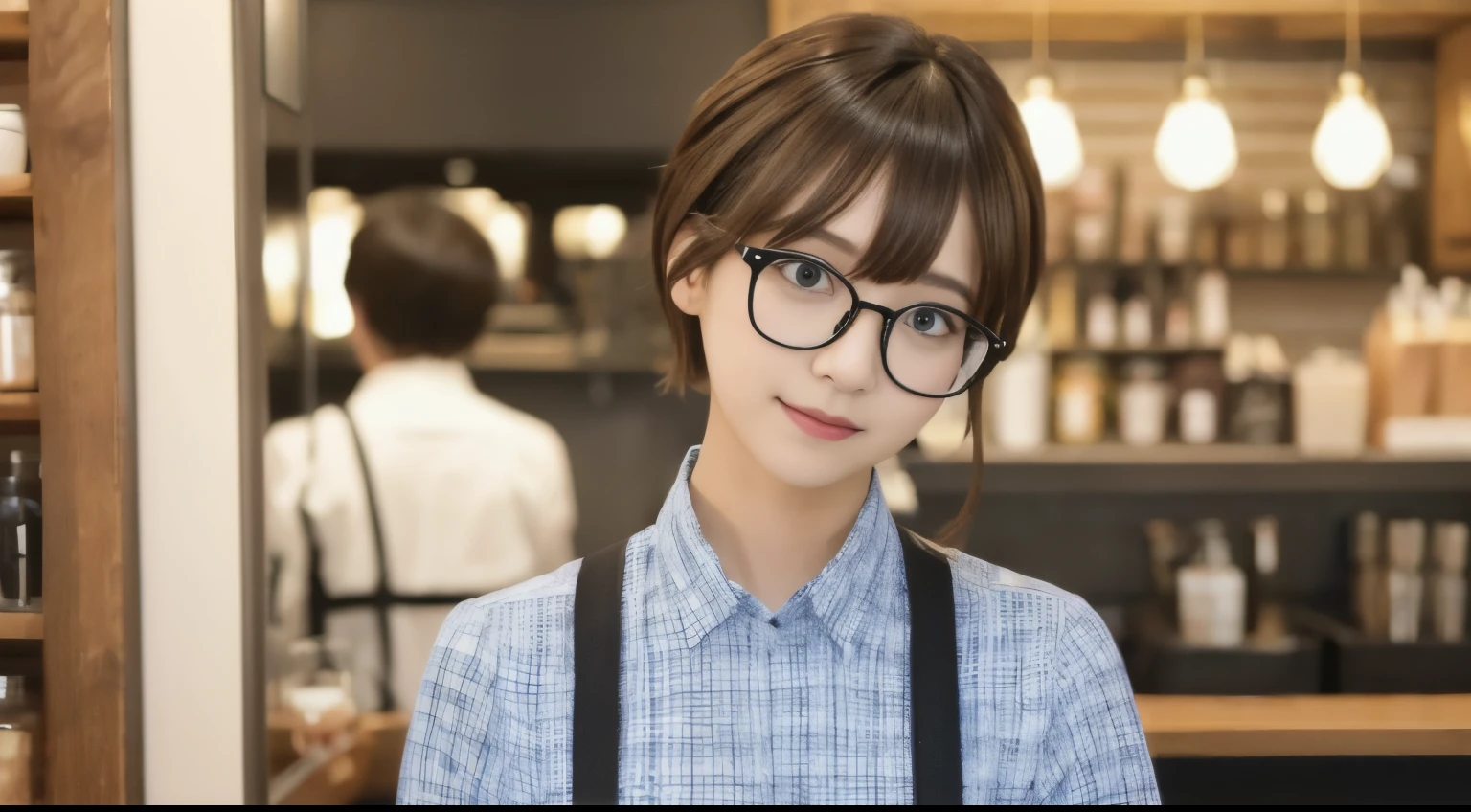 super high quality, Short Hair, Slender, Gravure photoshoot, The staff is working at the counter in the back., (8k、RAW Photos、highest quality、masterpiece:1.2), Japanese Idol, Shaggy, Stylish café, (Realistic、Photorealistic:1.37), Mesh Hair, Normal chest, Urban Cafe, Golden Ratio, Raw photo, Cute face , Light Brown Hair, Bright cafe interior, Blurred Background, Spring Clothes, A sweet expression, Black-rimmed glasses, Watching the audience, Beautiful hairstyle, 20-year-old, Hair blowing in the wind, Neat clothes,