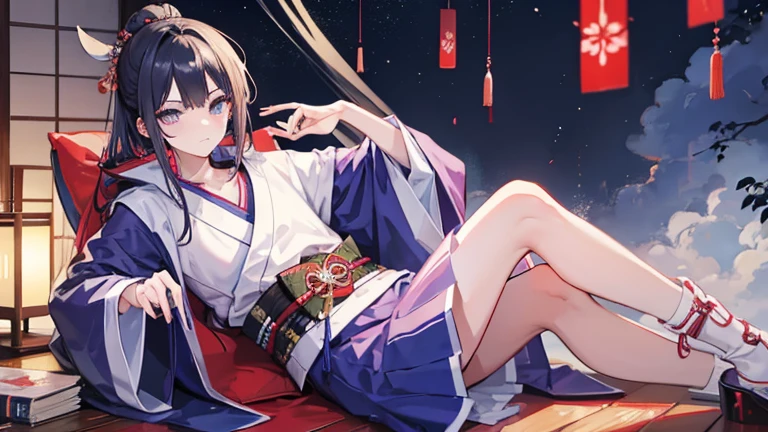 Samurai chilling while listening to music, relax, samurai, cool, Japanese anime style,