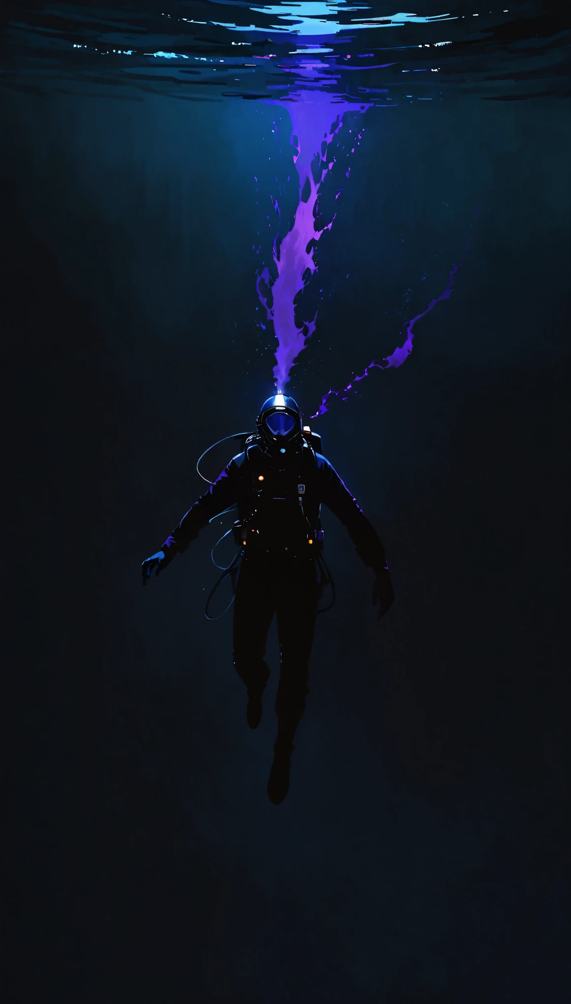 realistic oil painting, free diving, breath-hold diving, The Deepest Free Dive Records, diving down without scuba gear, deep under water, Herbert Nitsch, Tanya Streeter, dark aura of deep water, toned colors, dark colors, low light, Low-key lighting v1.0